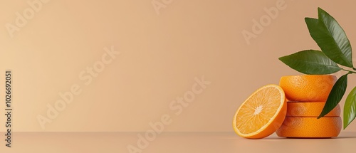  A stack of oranges topped with one bearing a green leaf photo