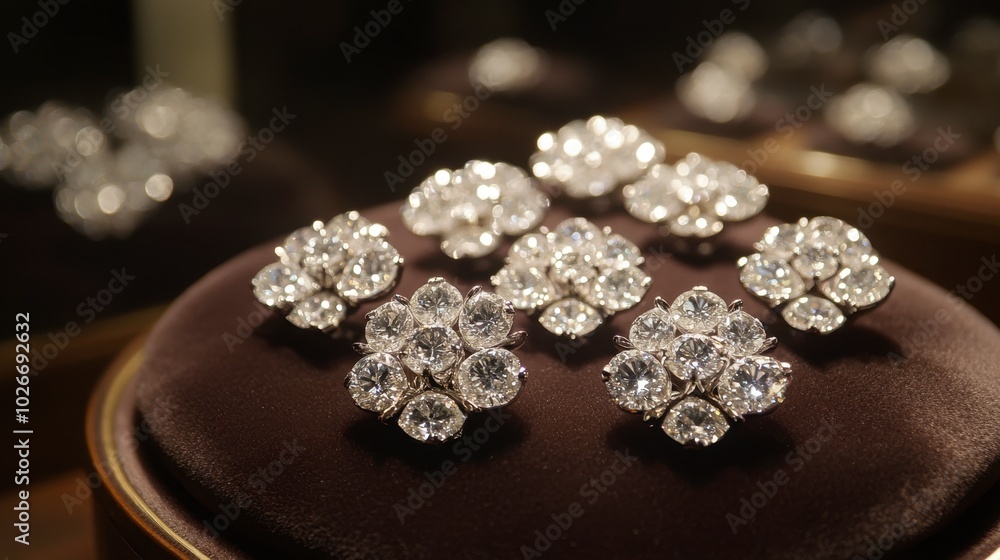 A cluster of diamonds arranged in a floral pattern, placed on a velvet display pad. A cluster of diamonds arranged in a floral pattern, placed on a velvet display pad.