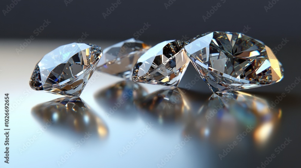 A collection of diamonds in various cuts and shapes, arranged on a sleek reflective surface. A collection of diamonds in various cuts and shapes, arranged on a sleek reflective surface.
