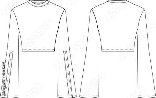 round neck crew neck buttoned long bell kimono sleeve cropped crop blouse top sweater knitwear template technical drawing flat sketch cad mockup fashion woman design style model

