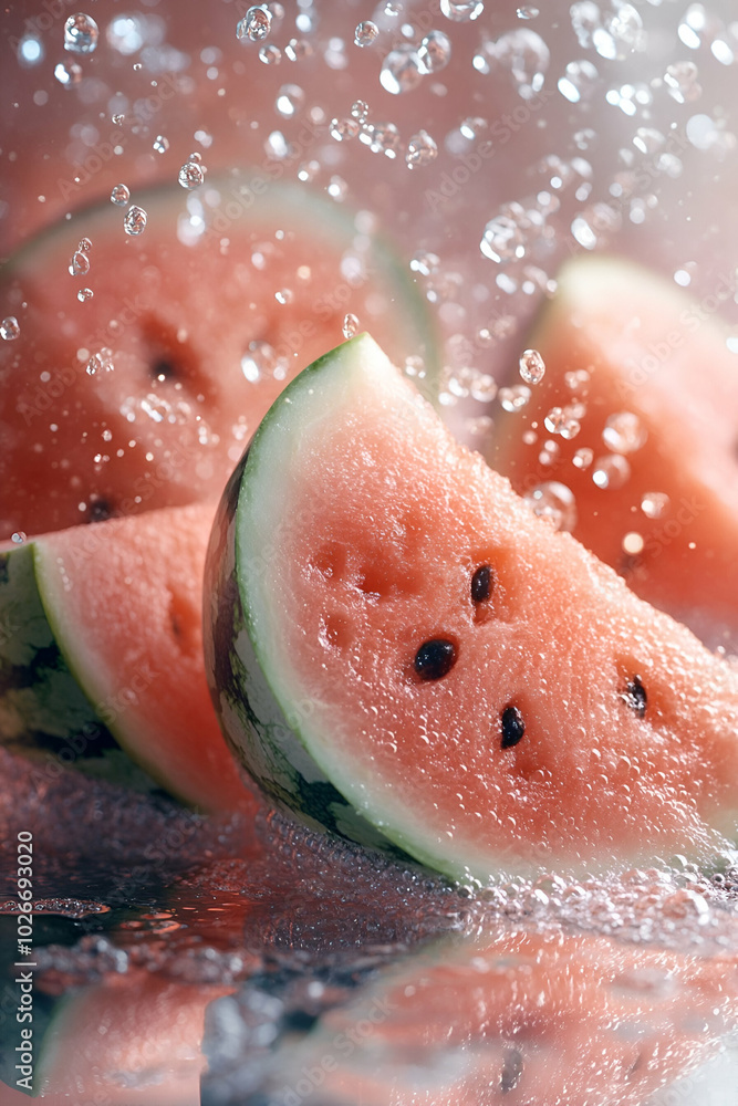 Fototapeta premium A close up of a watermelon slice with water droplets falling on it. The watermelon is cut in half and has a few black seeds. Concept of freshness and summertime
