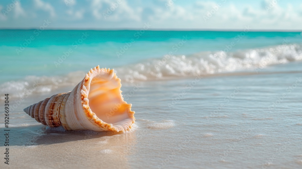 A conch shell lying on a tropical beach, with turquoise waters in the background. A conch shell lying on a tropical beach, with turquoise waters in the background.
