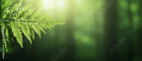  A tight shot of a green leaf on a tree branch against a hazy backdrop of trees and grass