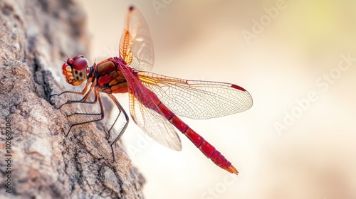 Wallpaper Mural A red dragonfly with translucent wings perched on a tree bark, with a blurred background. Torontodigital.ca