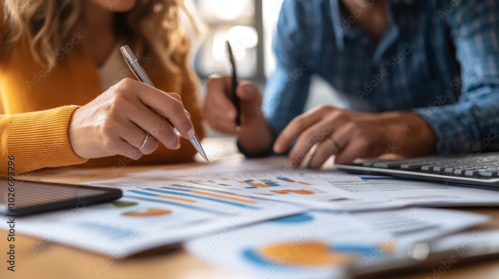 A couple reviewing their financial plan with an advisor, focusing on a retirement savings report. A couple reviewing their financial plan with an advisor, focusing on a retirement savings report.