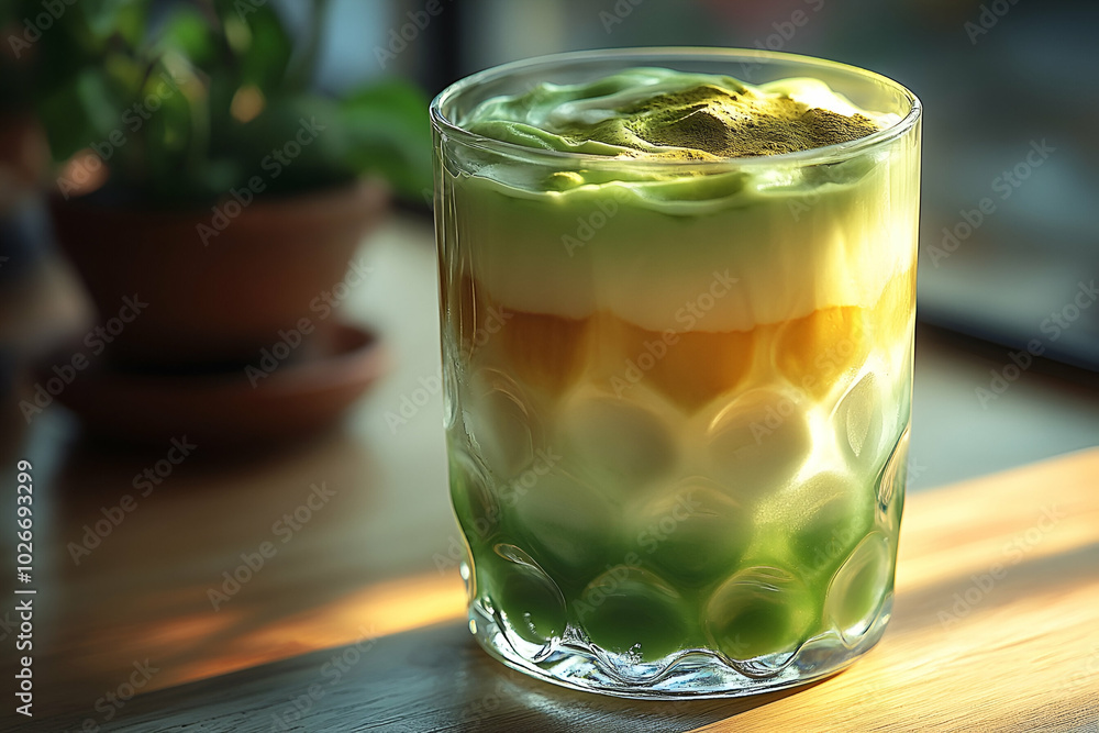 A glass of green tea with a green foam on top. The glass is on a wooden table A glass of green tea with a green foam on top. The glass is on a wooden table