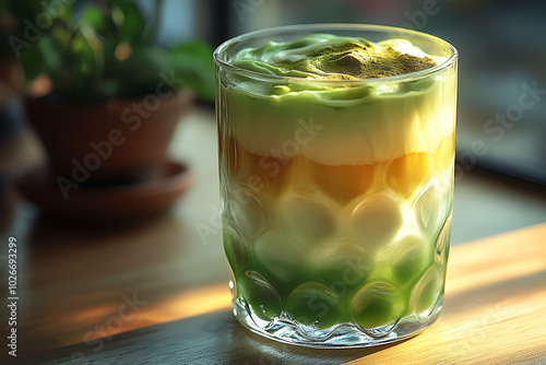 A glass of green tea with a green foam on top. The glass is on a wooden table