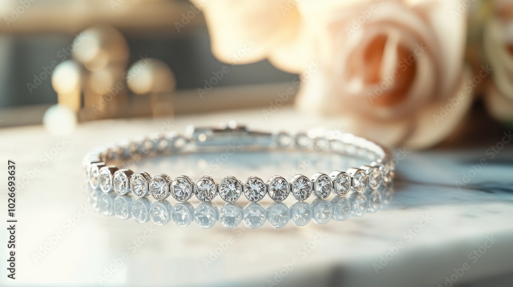 A delicate diamond bracelet resting on a marble table, with soft light enhancing its sparkle. A delicate diamond bracelet resting on a marble table, with soft light enhancing its sparkle.
