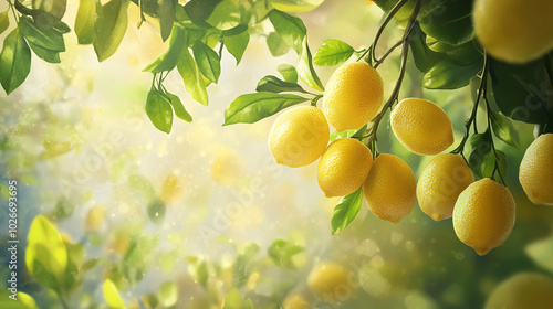 Lemon tree with ripe lemons on blurred background, closeup