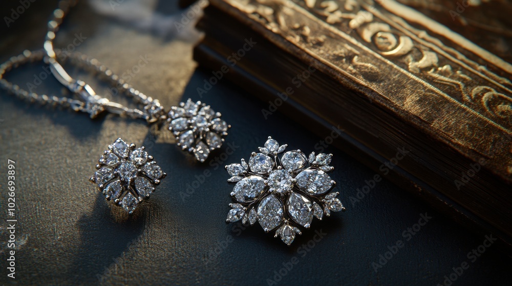 A diamond-studded brooch lying next to a set of matching earrings and a necklace. A diamond-studded brooch lying next to a set of matching earrings and a necklace.