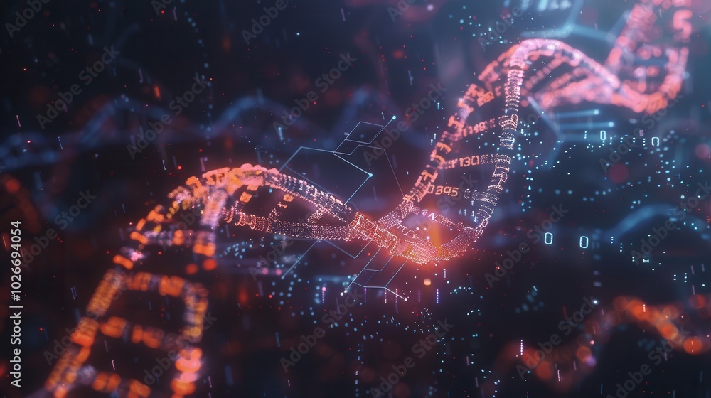 A vibrant 3D DNA strand intricately connected with dynamic digital data, representing the fusion of biology and technology in genetic analysis. Generative AI A vibrant 3D DNA strand intricately connected with dynamic digital data, representing the fusion of biology and technology in genetic analysis. Generative AI