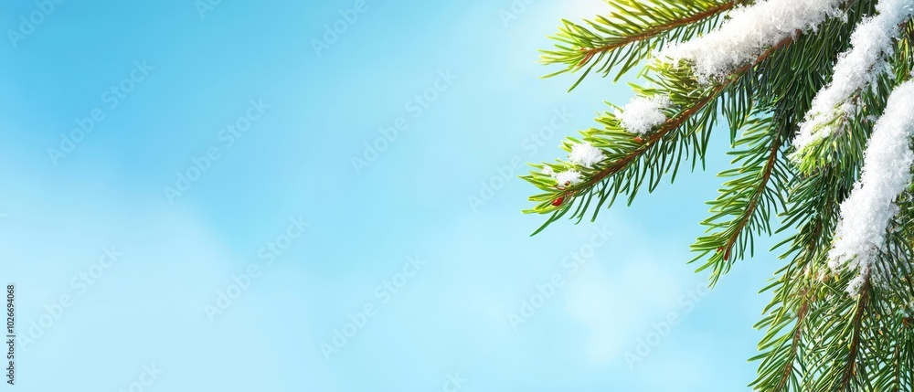A pine branch cloaked in snow against a blue backdrop with scattered clouds A pine branch cloaked in snow against a blue backdrop with scattered clouds