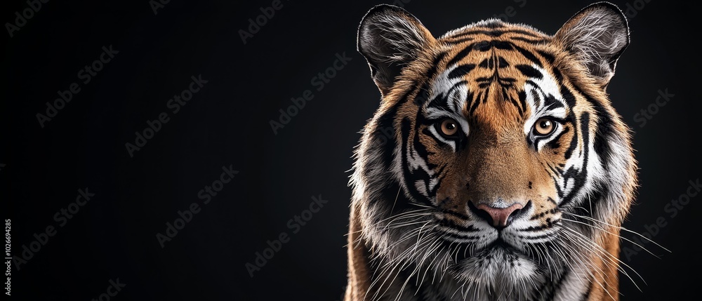 Fototapeta premium A tight shot of a tiger's intense eye against a black backdrop