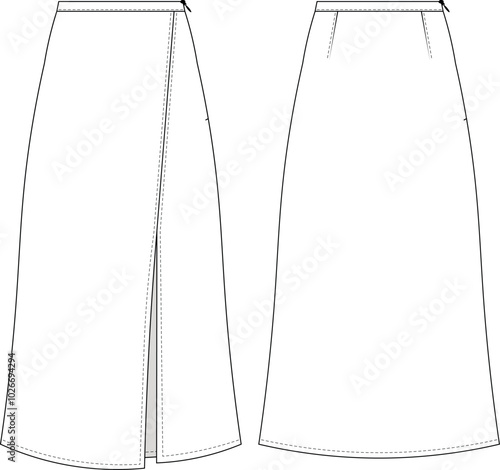 mid rise mid waist zippered slitted long maxi midi a line skirttemplate technical drawing flat sketch cad mockup fashion woman design style model
