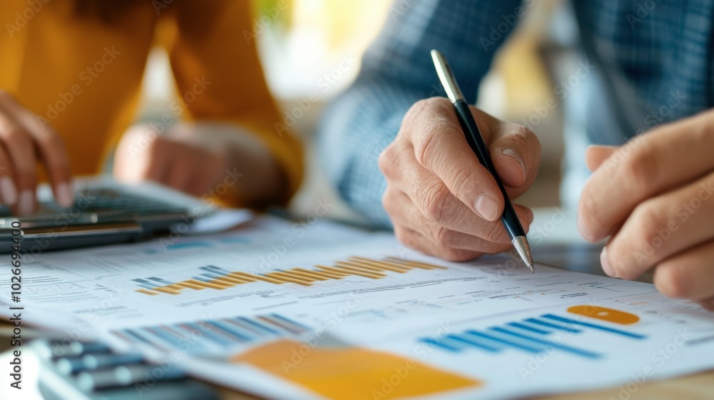 A financial planner showing a retirement savings plan to a client, with detailed charts and graphs. A financial planner showing a retirement savings plan to a client, with detailed charts and graphs.