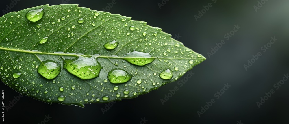 Close-up of a green leaf against a black backdrop, adorned with water droplets Close-up of a green leaf against a black backdrop, adorned with water droplets