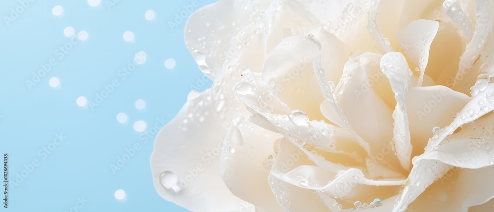 A white flower, petals dotted with water drops, against a blue sky backdrop A white flower, petals dotted with water drops, against a blue sky backdrop