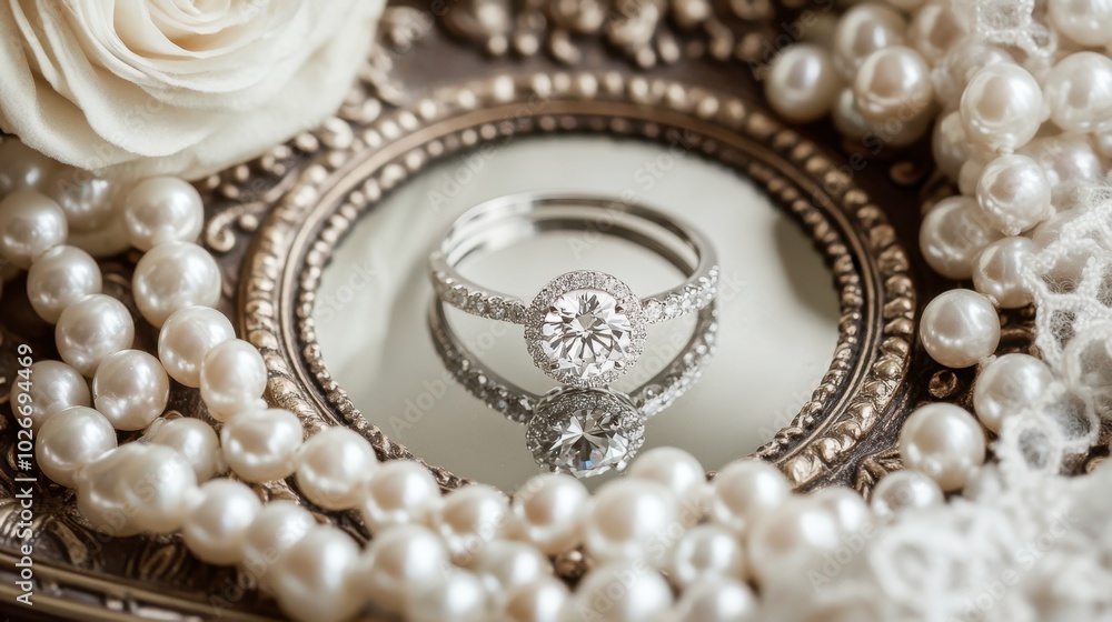 A flat-lay of a diamond engagement ring, surrounded by pearls and lace on a vintage mirror. A flat-lay of a diamond engagement ring, surrounded by pearls and lace on a vintage mirror.