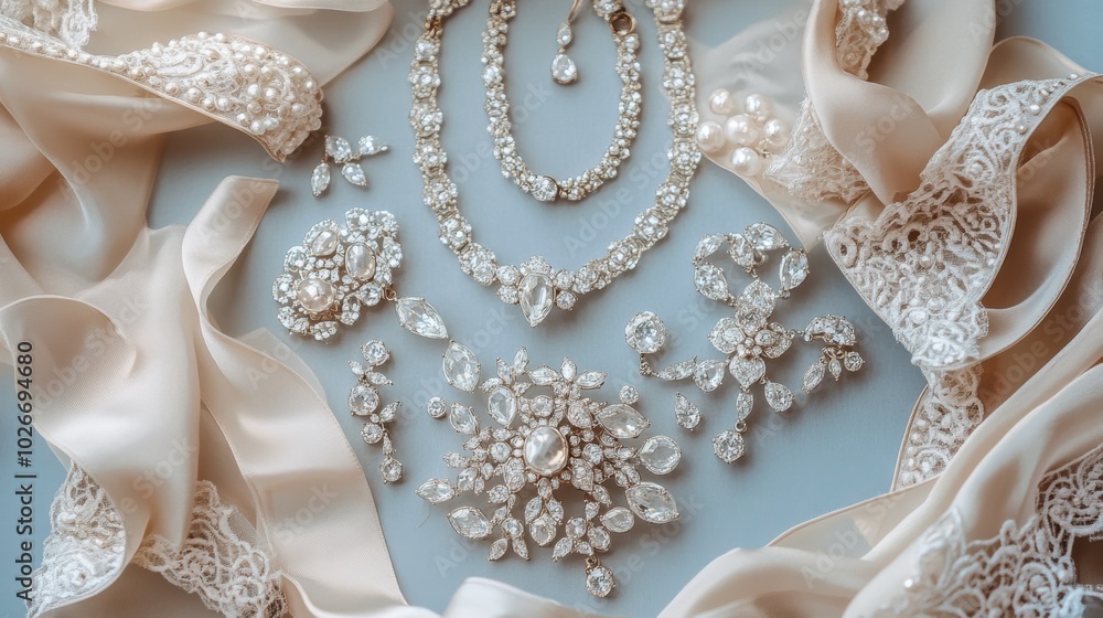 A flat-lay of diamond-studded jewelry arranged with silk ribbons and lace, evoking elegance. A flat-lay of diamond-studded jewelry arranged with silk ribbons and lace, evoking elegance.