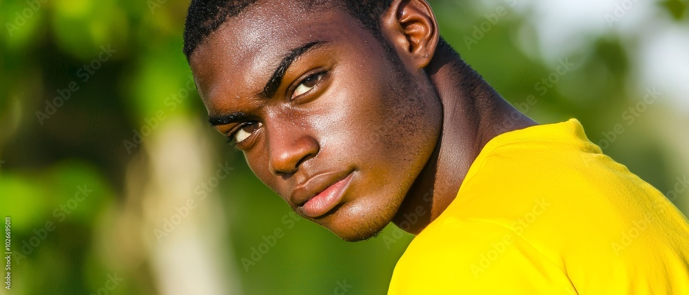 A tight shot of an individual in a yellow shirt, intently gazing into the camera with a grave expression A tight shot of an individual in a yellow shirt, intently gazing into the camera with a grave expression