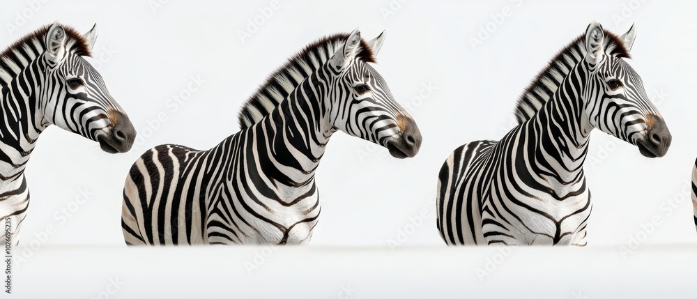 Fototapeta premium Three zebras aligned, facing front, white background