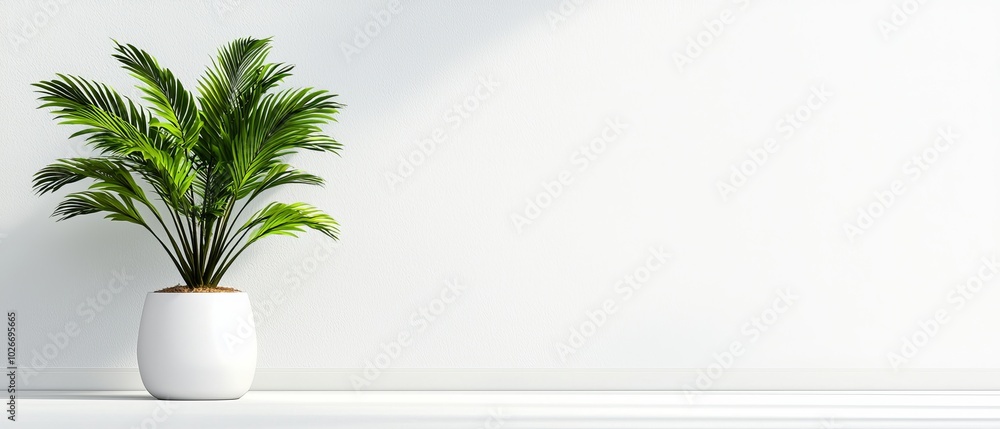 A potted plant in a white vase on a white table against a white wall A potted plant in a white vase on a white table against a white wall