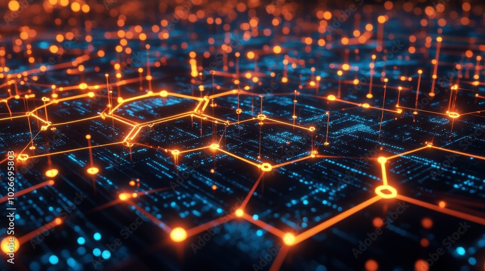 Obraz premium A glowing 3D network of hexagons representing data, tech, and communication.