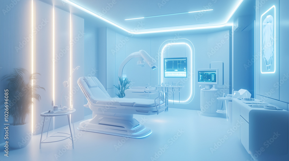 An AI-powered healthcare center where robots perform surgeries while doctors monitor on advanced holographic screens. An AI-powered healthcare center where robots perform surgeries while doctors monitor on advanced holographic screens.
