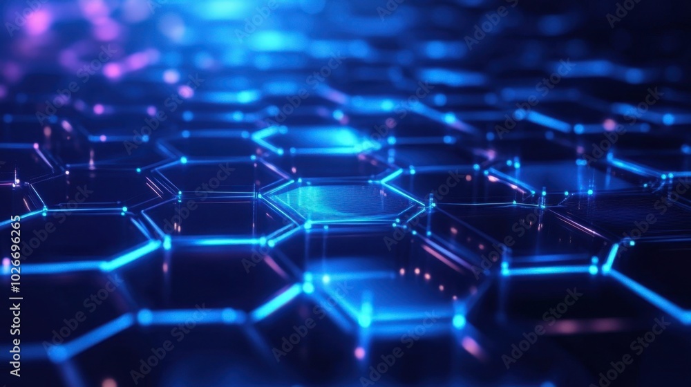 A grid of hexagons glowing in neon blue, creating a digital tech background. A grid of hexagons glowing in neon blue, creating a digital tech background.