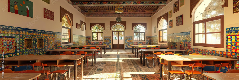 Moroccan Medina: A multicultural classroom with intricate tile work and vibrant, earthy colors, reflecting the school's diversity. Moroccan Medina: A multicultural classroom with intricate tile work and vibrant, earthy colors, reflecting the school's diversity.