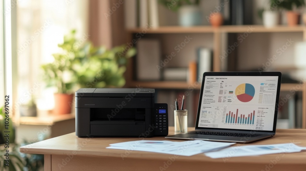 A home office setup with a small printer on a desk, alongside a laptop and financial reports.