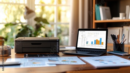 A home office setup with a small printer on a desk, alongside a laptop and financial reports.