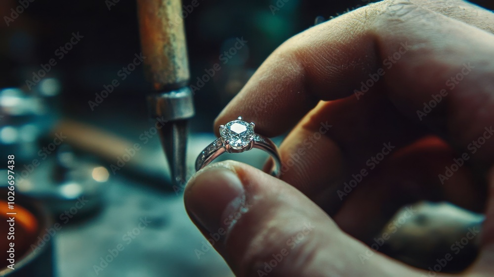 A jeweler setting a diamond into a custom engagement ring in a workshop.