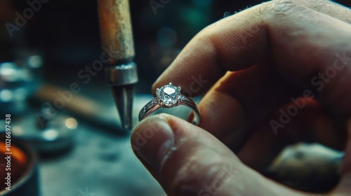 A jeweler setting a diamond into a custom engagement ring in a workshop.