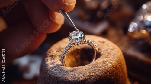 A jeweler setting a diamond into a custom engagement ring in a workshop.
