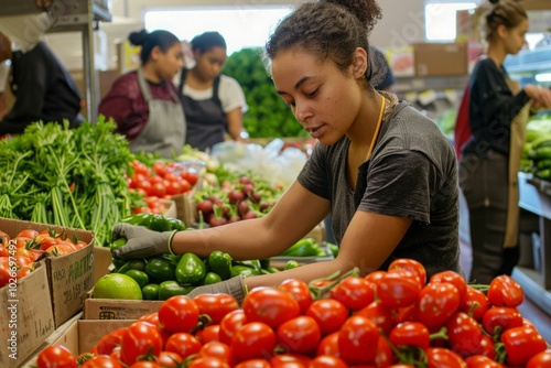 A woman is picking out tomatoes at a market