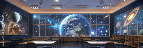 Cosmic Compass: A space-themed classroom with starscapes and metallic accents, sparking curiosity and imagination. photo