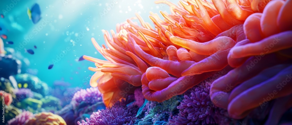 An underwater image showcasing a coral-dotted ocean floor teeming with sea anemones An underwater image showcasing a coral-dotted ocean floor teeming with sea anemones