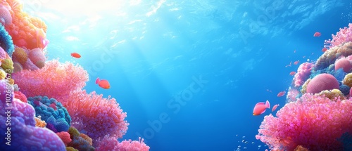  A vibrant underwater tableau of various hued corals in the foreground and a backdrop of a brilliant blue sky photo