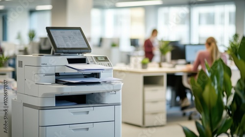 A large office printer producing multiple copies of a document, with employees working in the background.