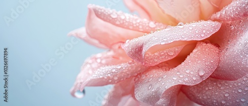  Close-up of a pink flower with dew drops on its petals against a light blue backdrop