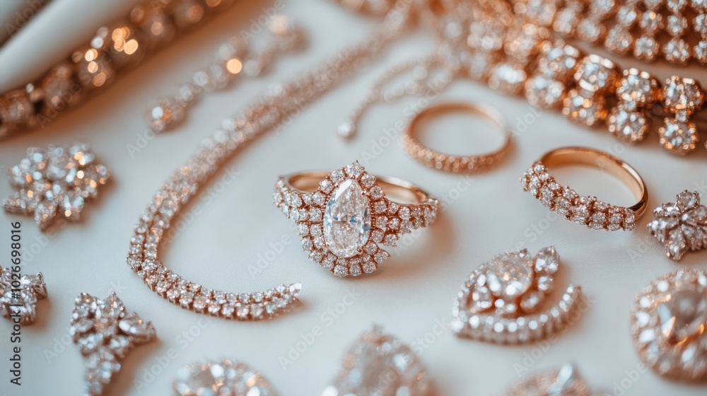 A luxurious flat-lay of diamond jewelry, including rings and necklaces, styled for a wedding. A luxurious flat-lay of diamond jewelry, including rings and necklaces, styled for a wedding.