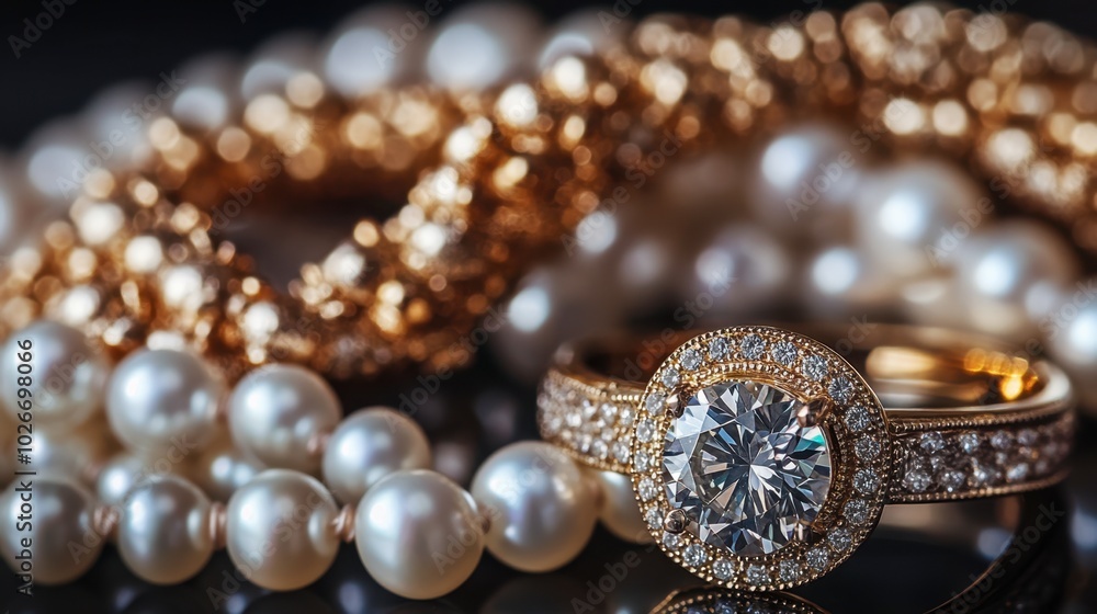A luxury diamond ring set beside pearls and gold accessories, creating an opulent scene. A luxury diamond ring set beside pearls and gold accessories, creating an opulent scene.