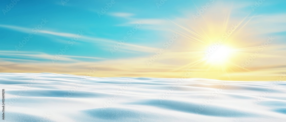 A bright sun shines over a snow-covered landscape with a bright blue sky and white, fluffy clouds A bright sun shines over a snow-covered landscape with a bright blue sky and white, fluffy clouds