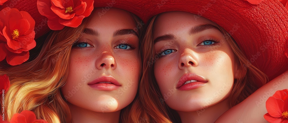Two stunning women with blue eyes don red hats, adorned with red flowers Two stunning women with blue eyes don red hats, adorned with red flowers