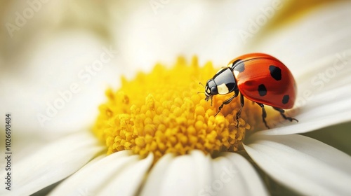 A close-up shot of a ladybug perched on a white daisy flower with yellow pollen. The background is blurred.