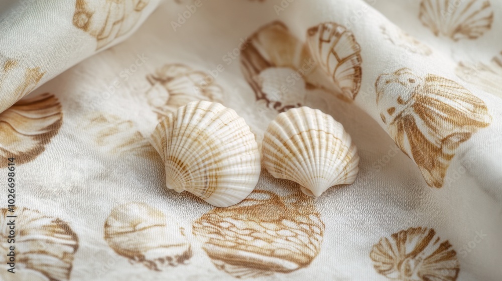 A pair of seashell earrings lying on a seashell-patterned fabric, perfect for a summer look. A pair of seashell earrings lying on a seashell-patterned fabric, perfect for a summer look.