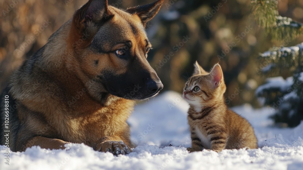 a big dog and a kitten sitting beside a Christmas tree with glowing bokeh lights in the background. pets, dog and cat a big dog and a kitten sitting beside a Christmas tree with glowing bokeh lights in the background. pets, dog and cat