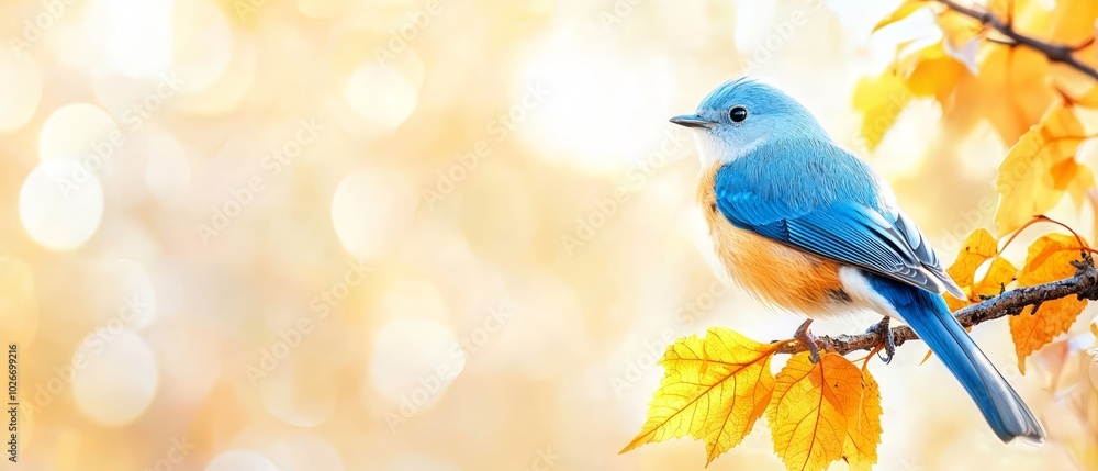 A blue bird sits atop a tree branch amidst a yellow-and-red leafed tree, teeming with green and yellow foliage A blue bird sits atop a tree branch amidst a yellow-and-red leafed tree, teeming with green and yellow foliage