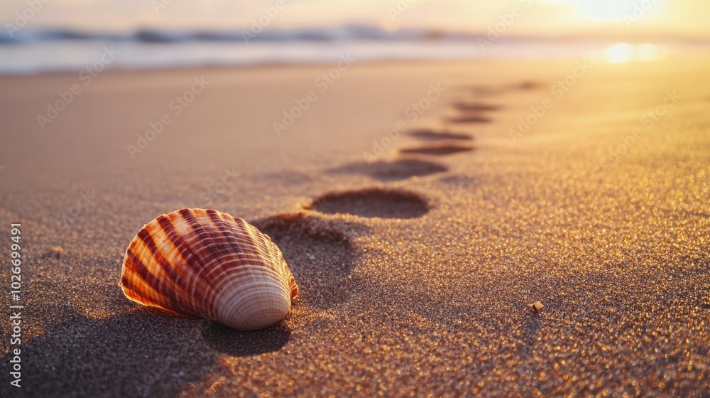 A seashell resting in the sand, with footprints leading away in the background. A seashell resting in the sand, with footprints leading away in the background.